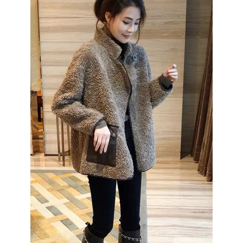 Lamb Cropped Granular Fluff Casual Fur-Trimmed Teddy Jacket