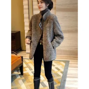 Lamb Cropped Granular Fluff Casual Fur-Trimmed Teddy Jacket