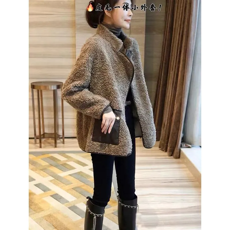 Lamb Cropped Granular Fluff Casual Fur-Trimmed Teddy Jacket