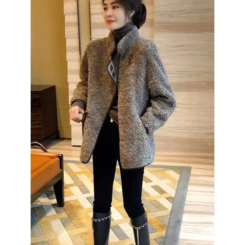 Lamb Cropped Granular Fluff Casual Fur-Trimmed Teddy Jacket