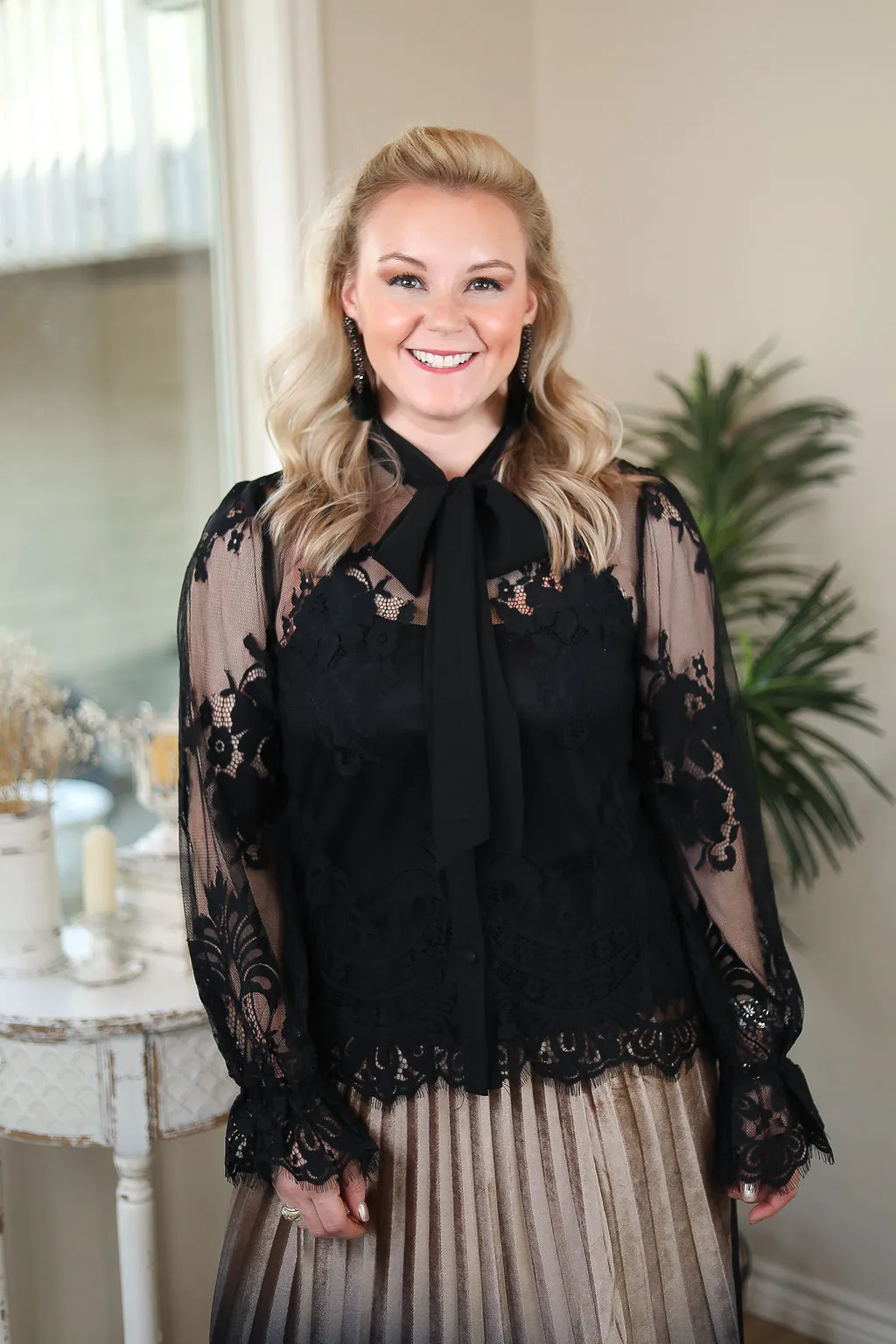 Last Chance Size Small | Blown Away Button Up Lace Frill Shirt with Neck Tie in Black