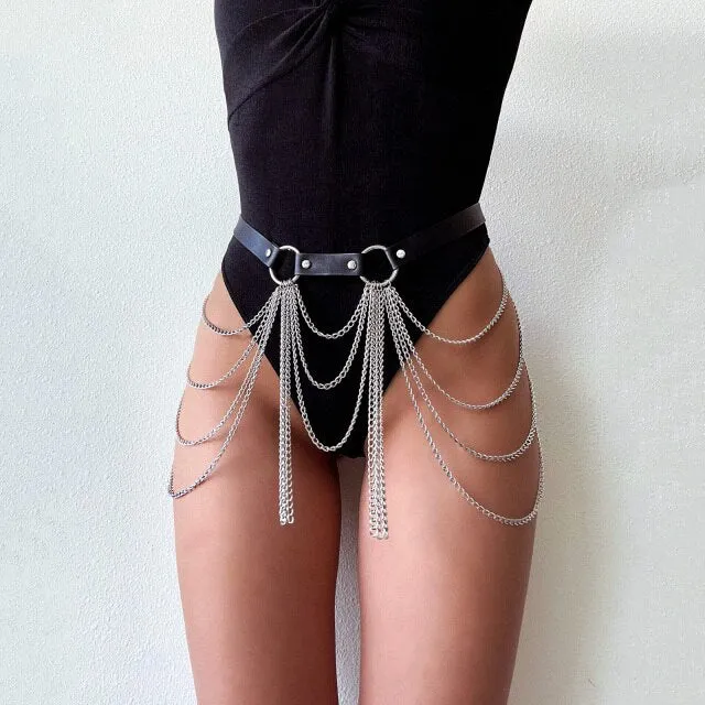 Layered Leather Belt With Chains Body Harness