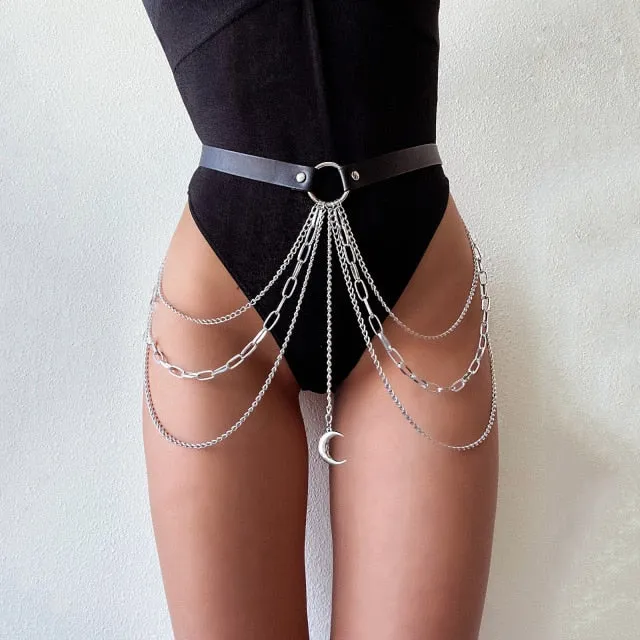 Layered Leather Belt With Chains Body Harness