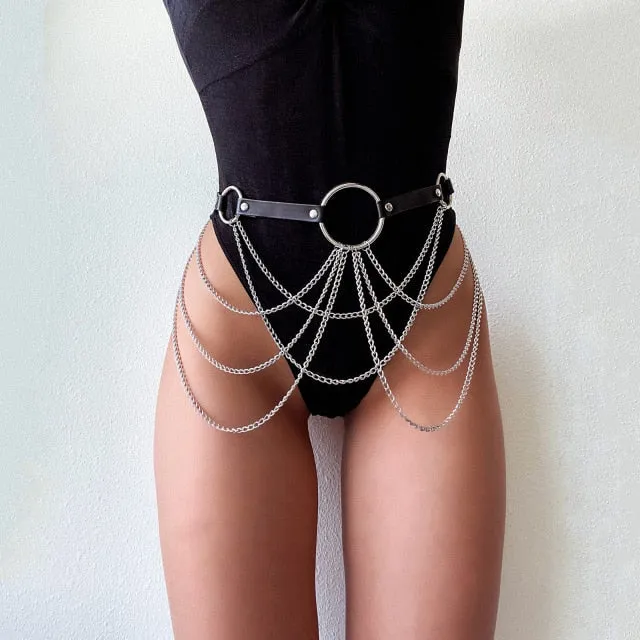 Layered Leather Belt With Chains Body Harness