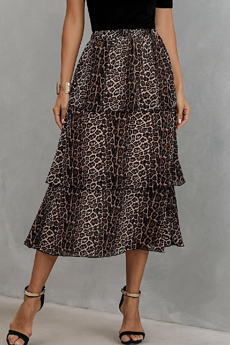 Leopard Print Black Tiered Mid Length Skirt