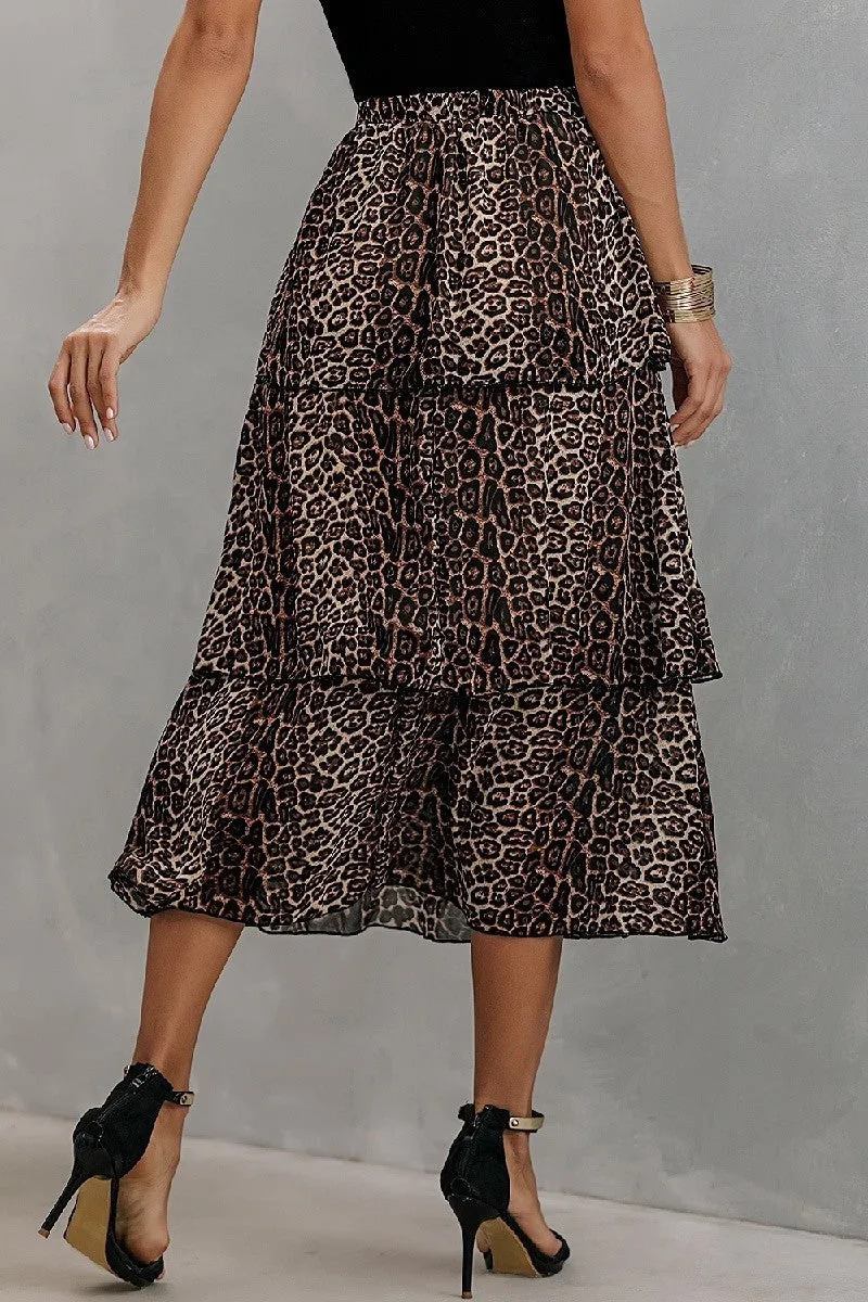 Leopard Print Black Tiered Mid Length Skirt