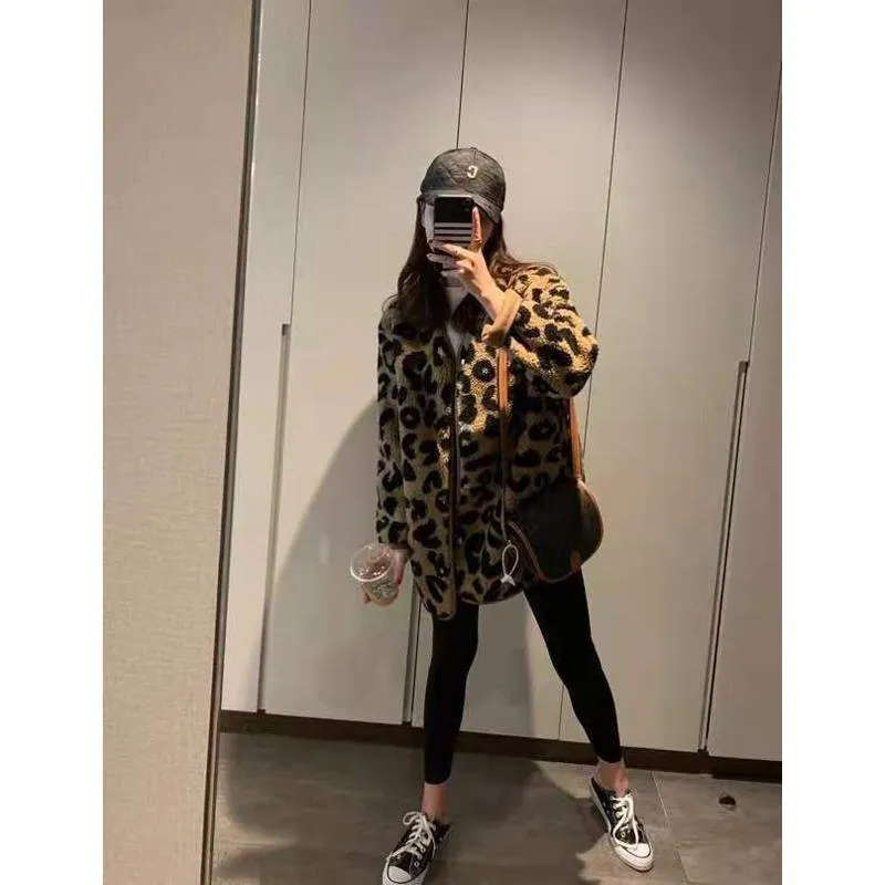 Leopard Print Thickened Lamb Fur-Trimmed Loose Fit Teddy Jacket