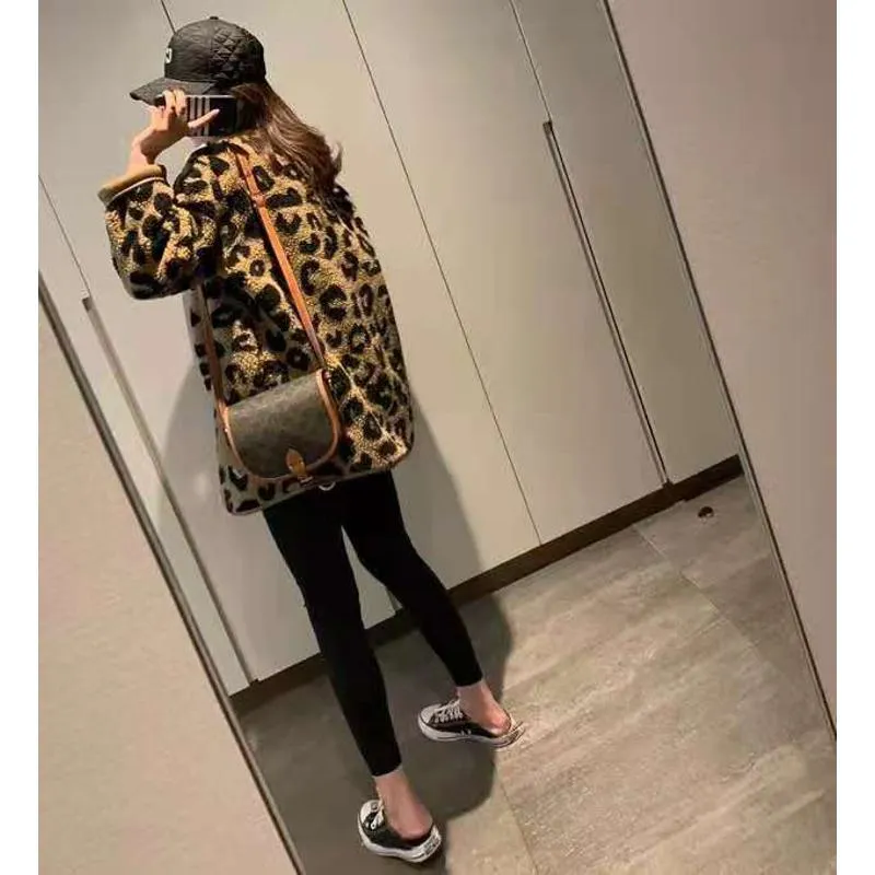 Leopard Print Thickened Lamb Fur-Trimmed Loose Fit Teddy Jacket