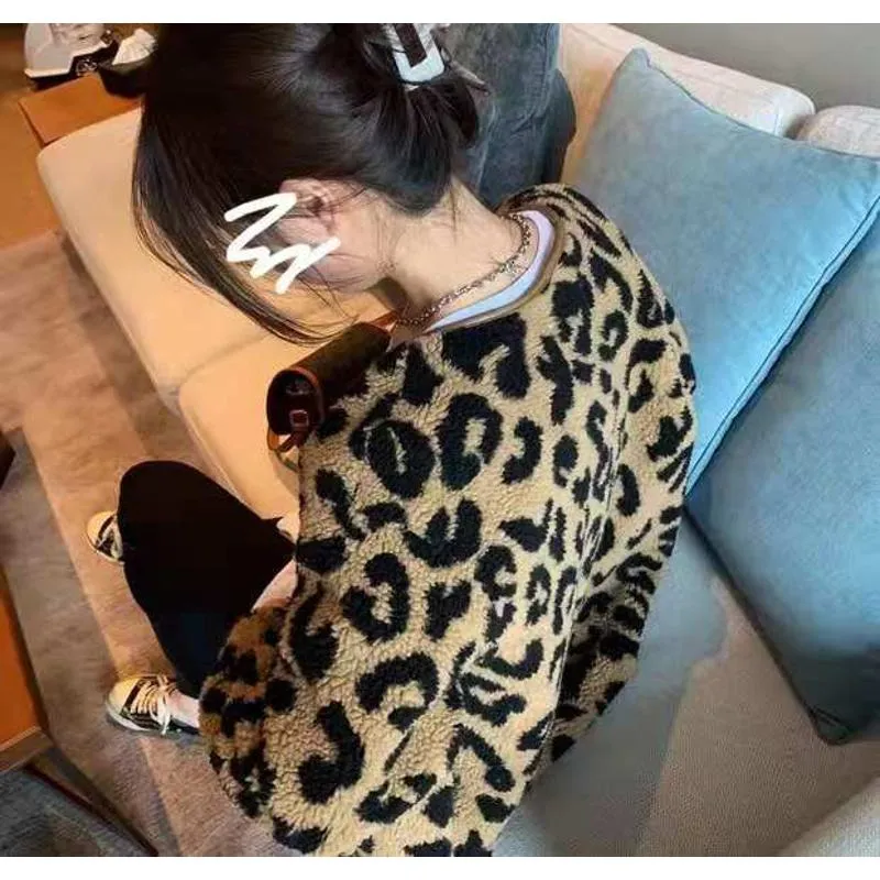 Leopard Print Thickened Lamb Fur-Trimmed Loose Fit Teddy Jacket