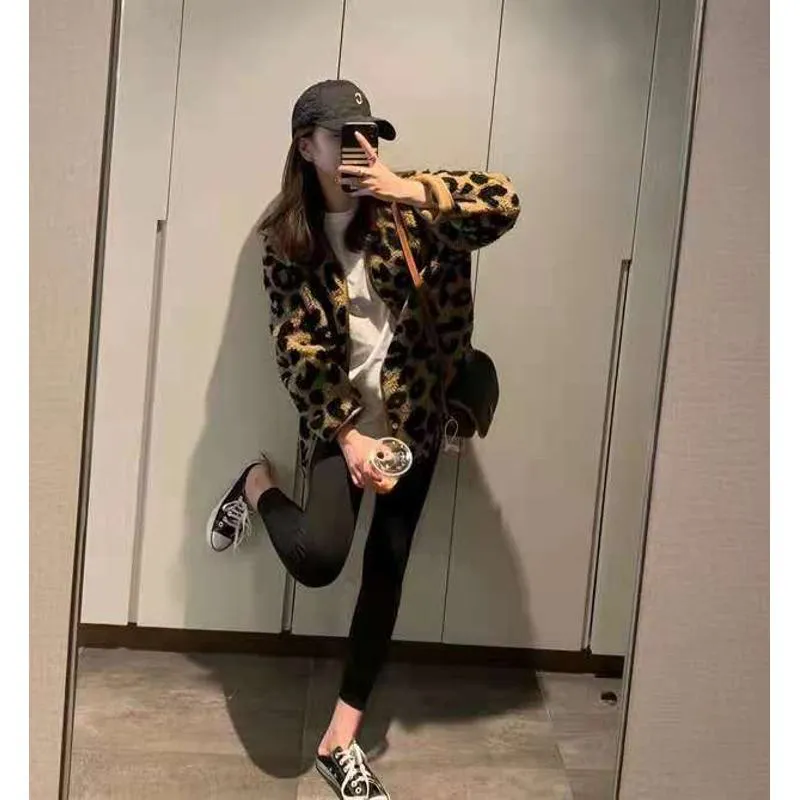 Leopard Print Thickened Lamb Fur-Trimmed Loose Fit Teddy Jacket