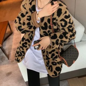 Leopard Print Thickened Lamb Fur-Trimmed Loose Fit Teddy Jacket