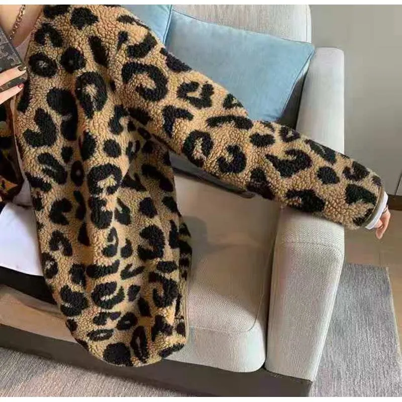 Leopard Print Thickened Lamb Fur-Trimmed Loose Fit Teddy Jacket