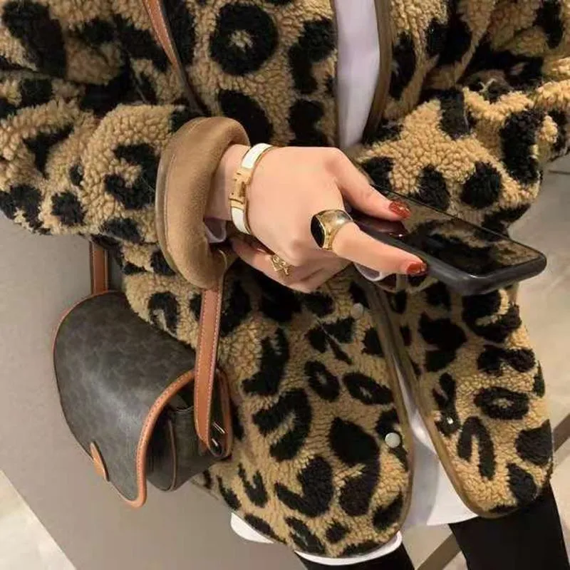 Leopard Print Thickened Lamb Fur-Trimmed Loose Fit Teddy Jacket