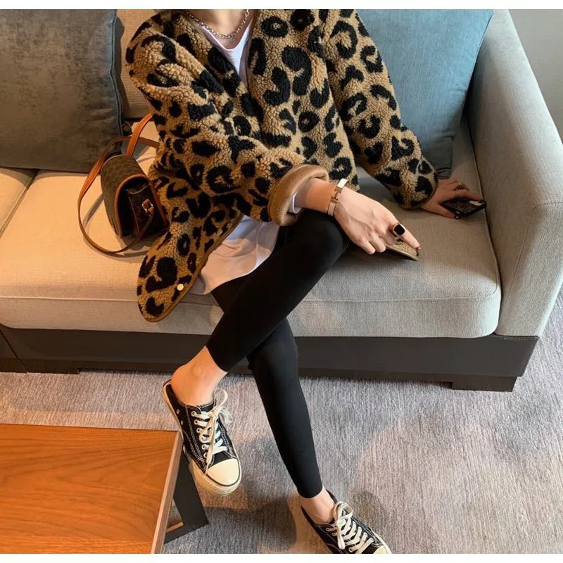 Leopard Print Thickened Lamb Fur-Trimmed Loose Fit Teddy Jacket