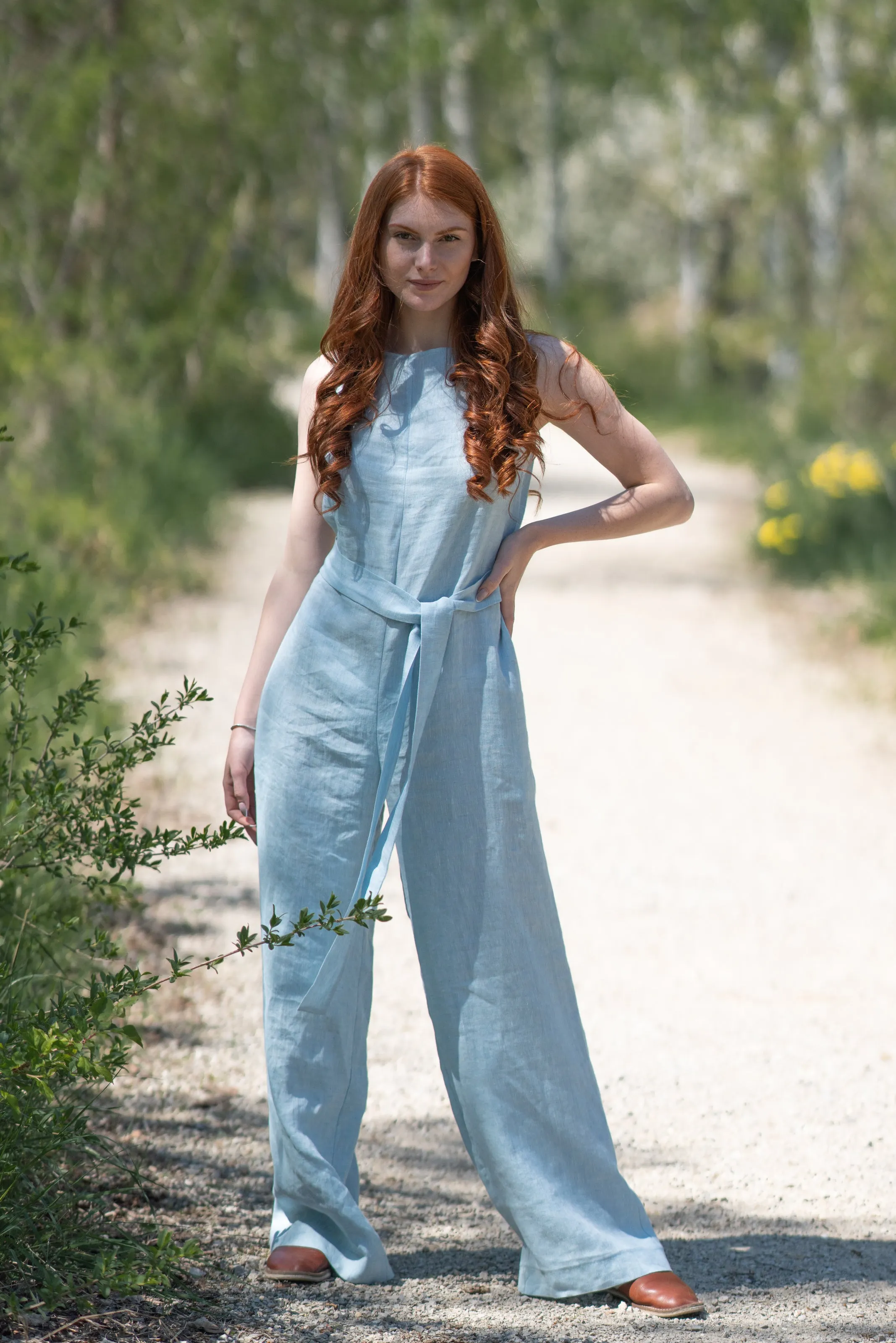 Linen Jumpsuit with Tie Belt