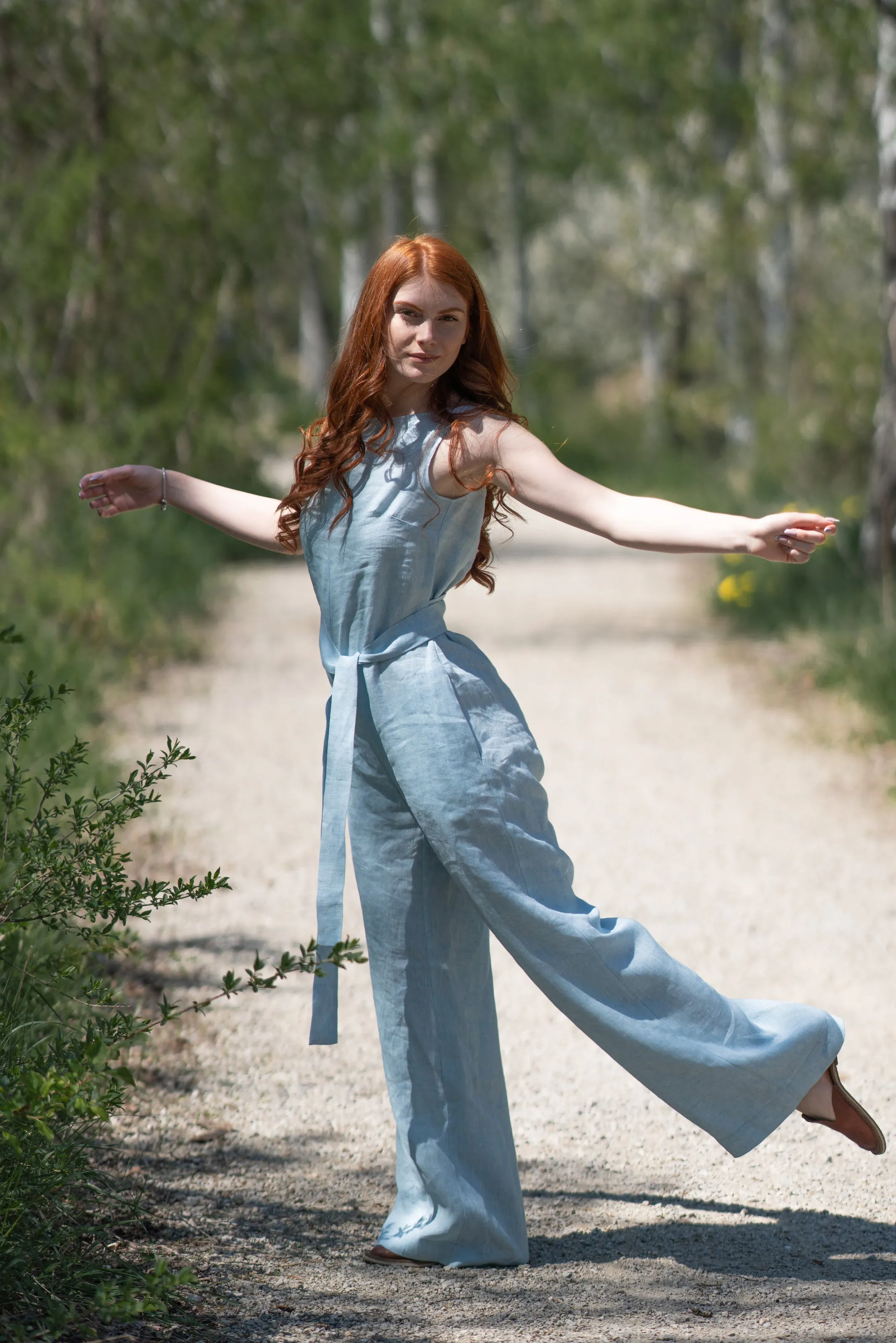 Linen Jumpsuit with Tie Belt