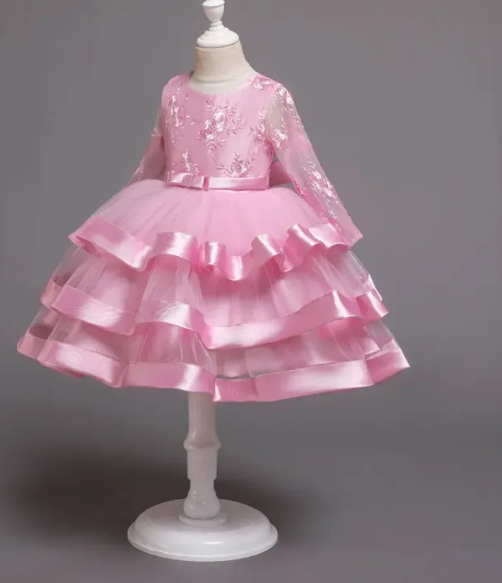 Long Sleeve Satin Tulle Flower Girl Party Dress