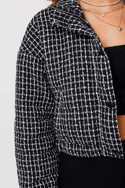 Long-sleeved Tweed Crop Puffer Jacket