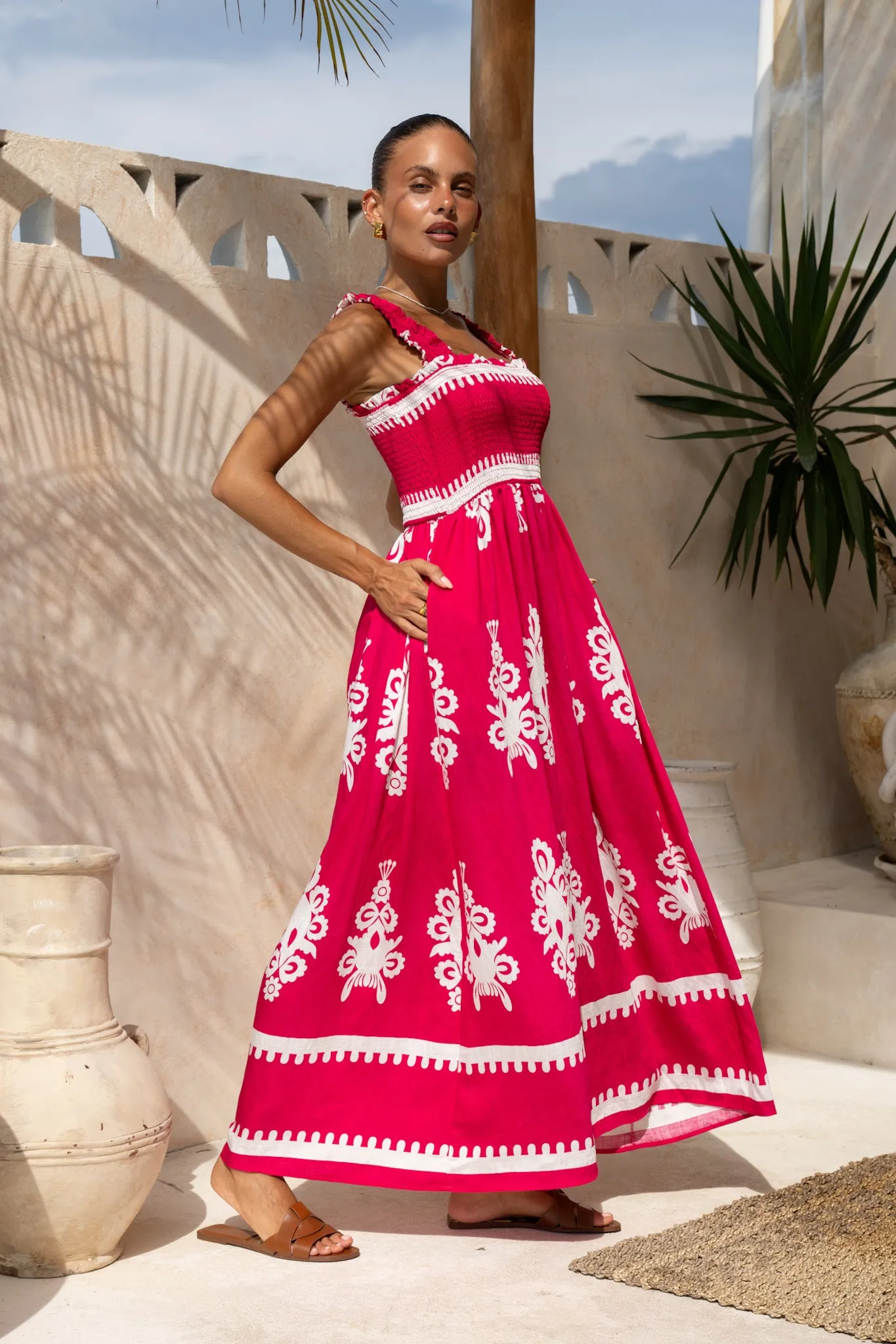 Lula Hot Pink Abstract Square Neck Maxi Dress