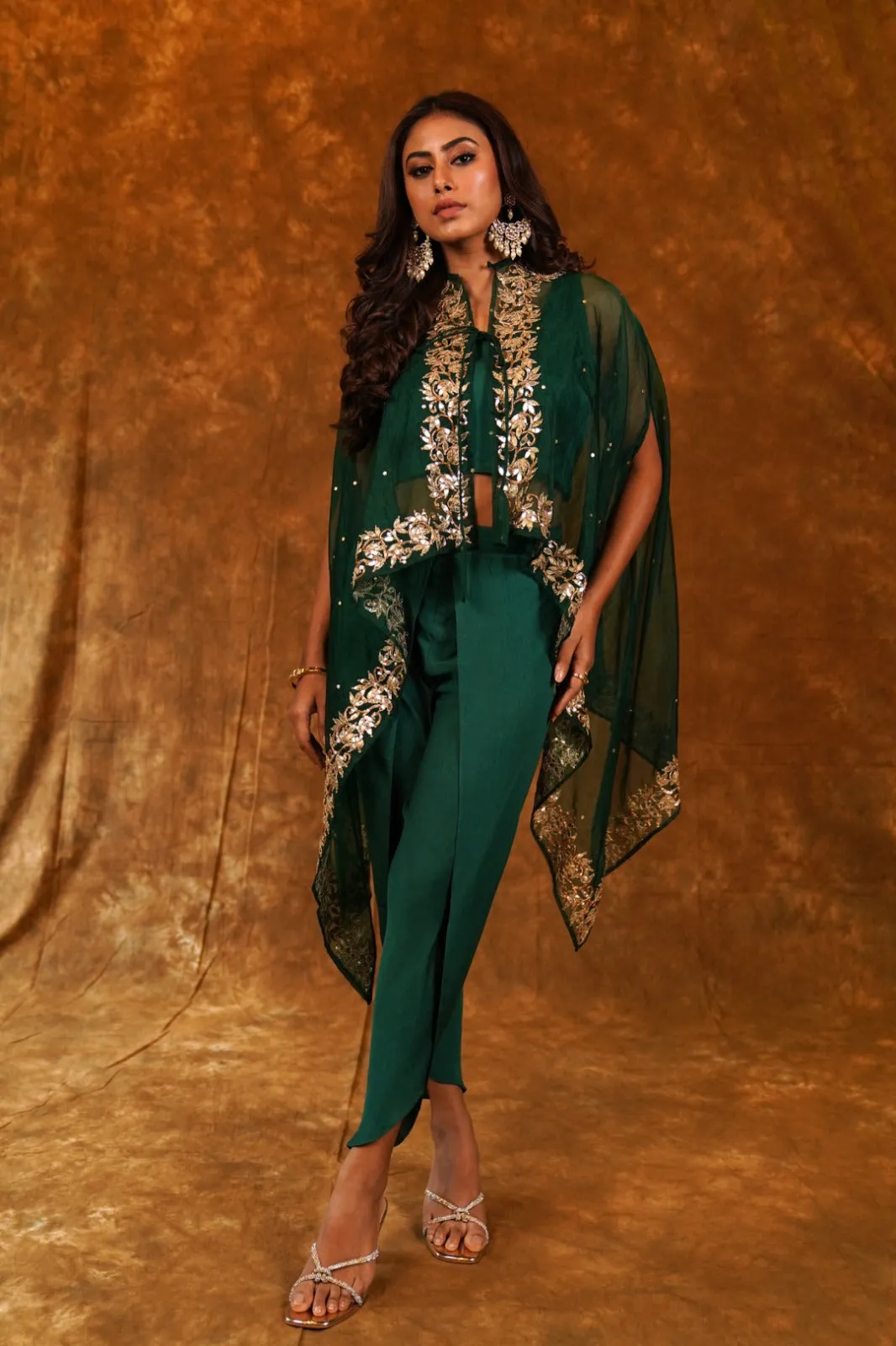 Luxurious Green Collared Cape Organza with Overlap Dhoti & Inner