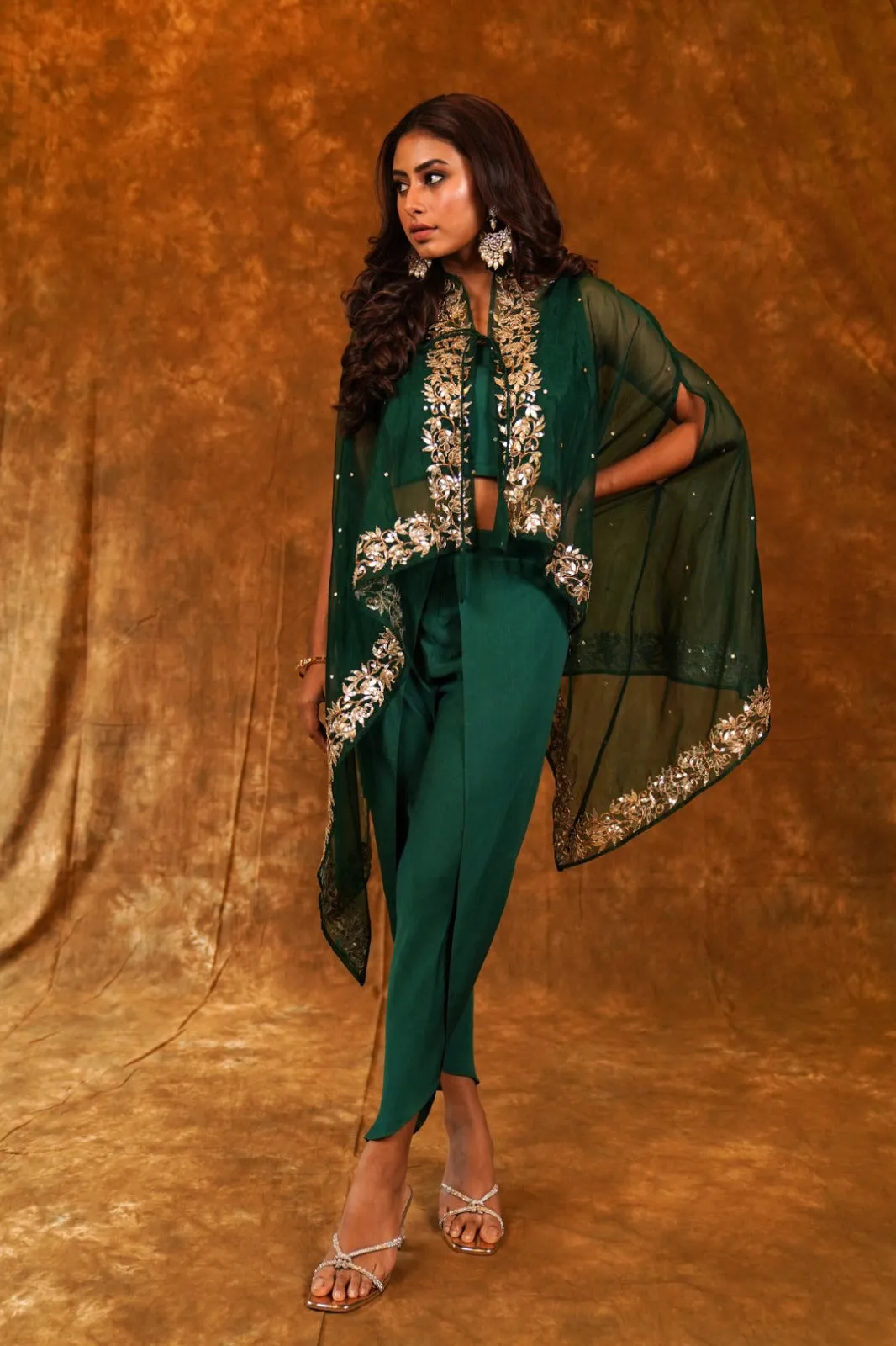 Luxurious Green Collared Cape Organza with Overlap Dhoti & Inner