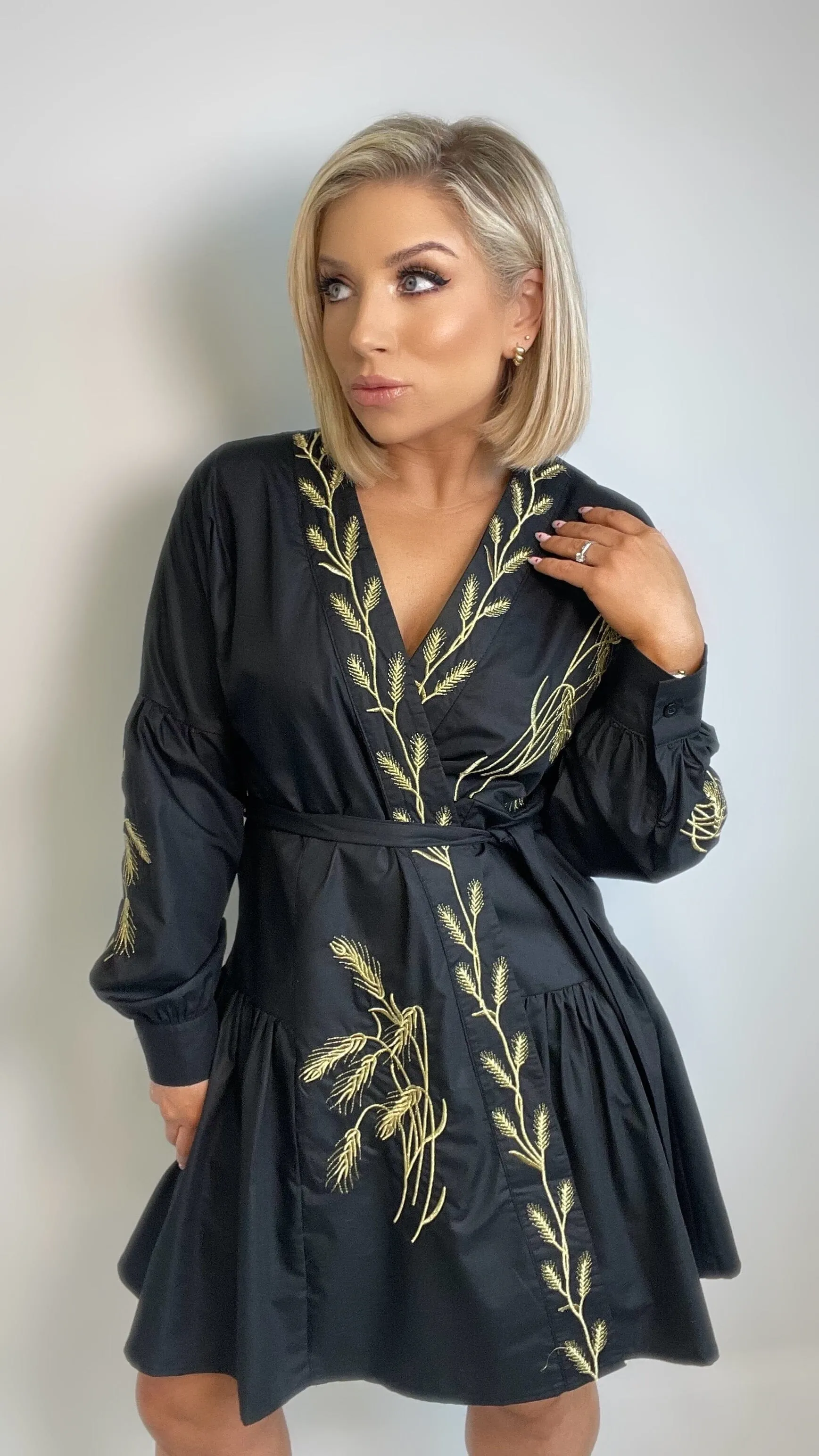 LYNNE EMBROIDERED WRAP DRESS - BLACK