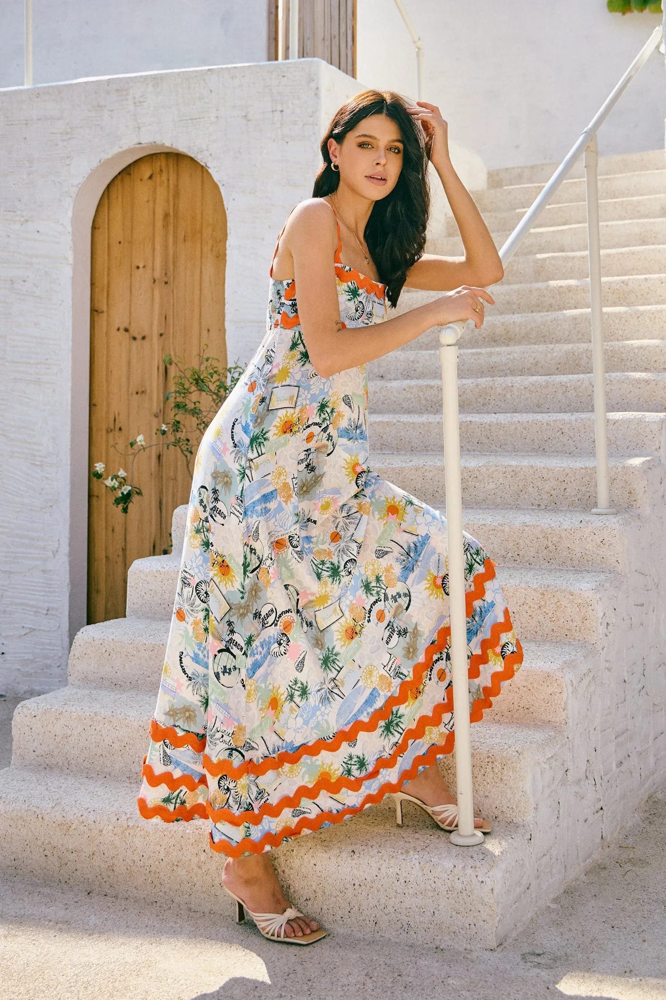 Malibu Orange Blue Tropical Ric Rac Tiered Maxi Dress