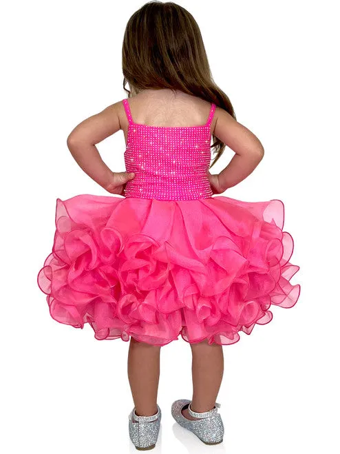 Marc Defang 5144 Size 2T Neon Pink Short Crystal Cupcake Pageant Dress Layered Ruffle Girls Baby Kids Gown