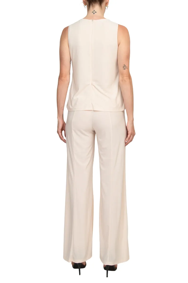 Marina Scoop Neck Sleeveless Embellished Scalloped Hem Mock 2 Piece Jumpsuit with Long Sleeve Embellished Long Bodied Jacket