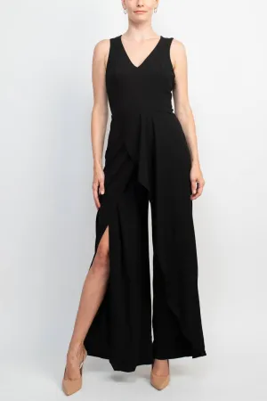 Marina V-Neck Sleeveless Zipper Back Racer Back Ruffled Hem Crepe Jumpsuit