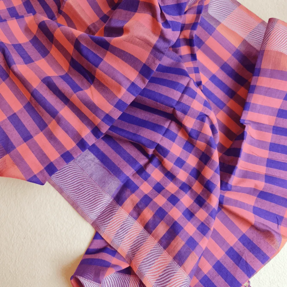 Mauve & Orange Fine Cotton-Silk Handwoven Scarf/ Stole