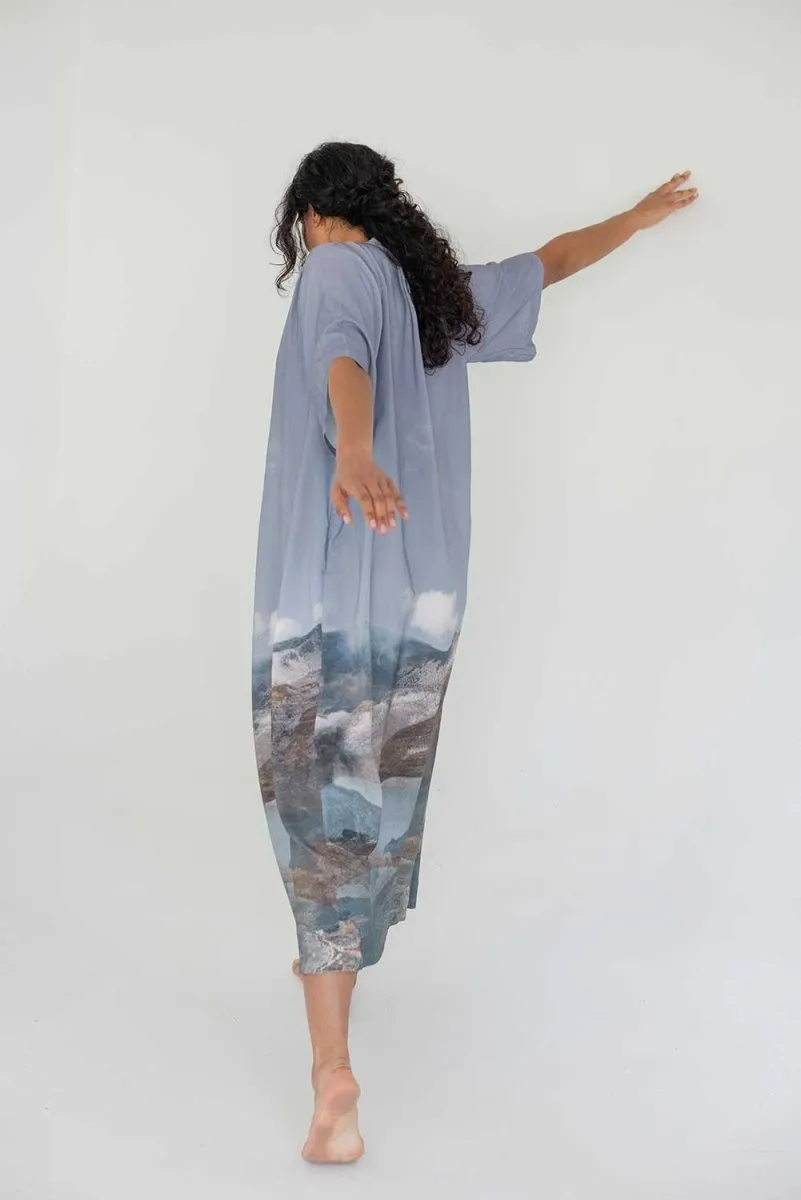 Maxi Dress with Detachable Belt - Mountain Print