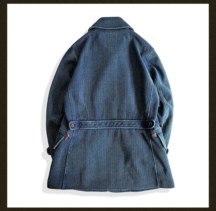 Men's Indigo Double Breasted Sashiko Pea Coat