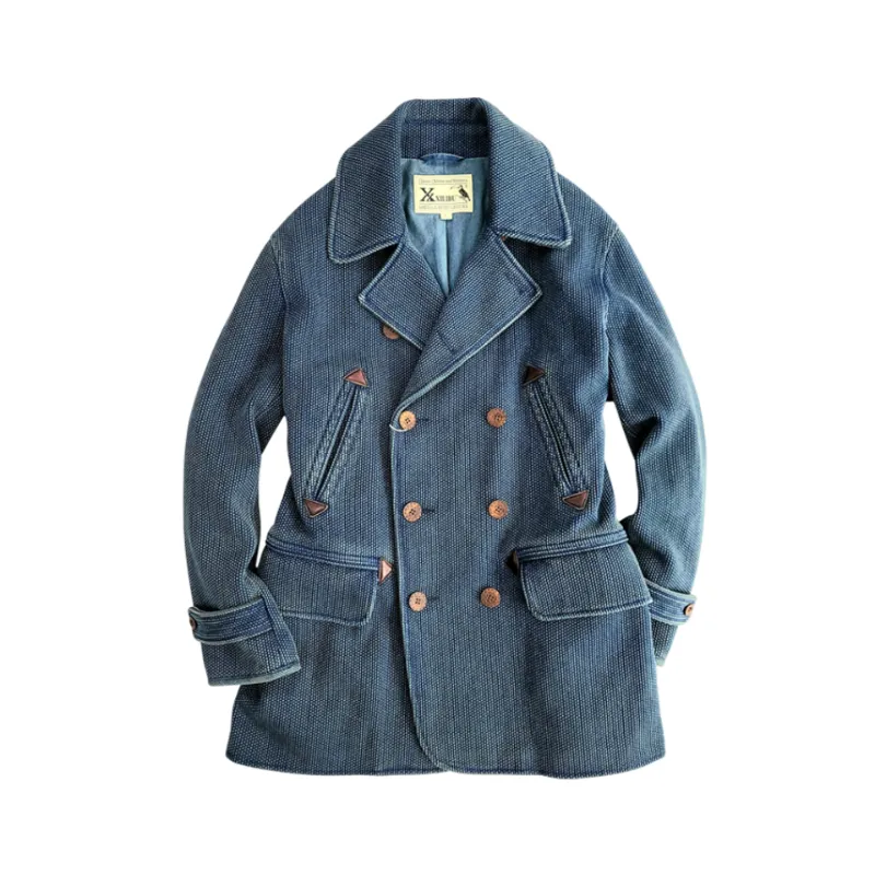 Men's Indigo Double Breasted Sashiko Pea Coat