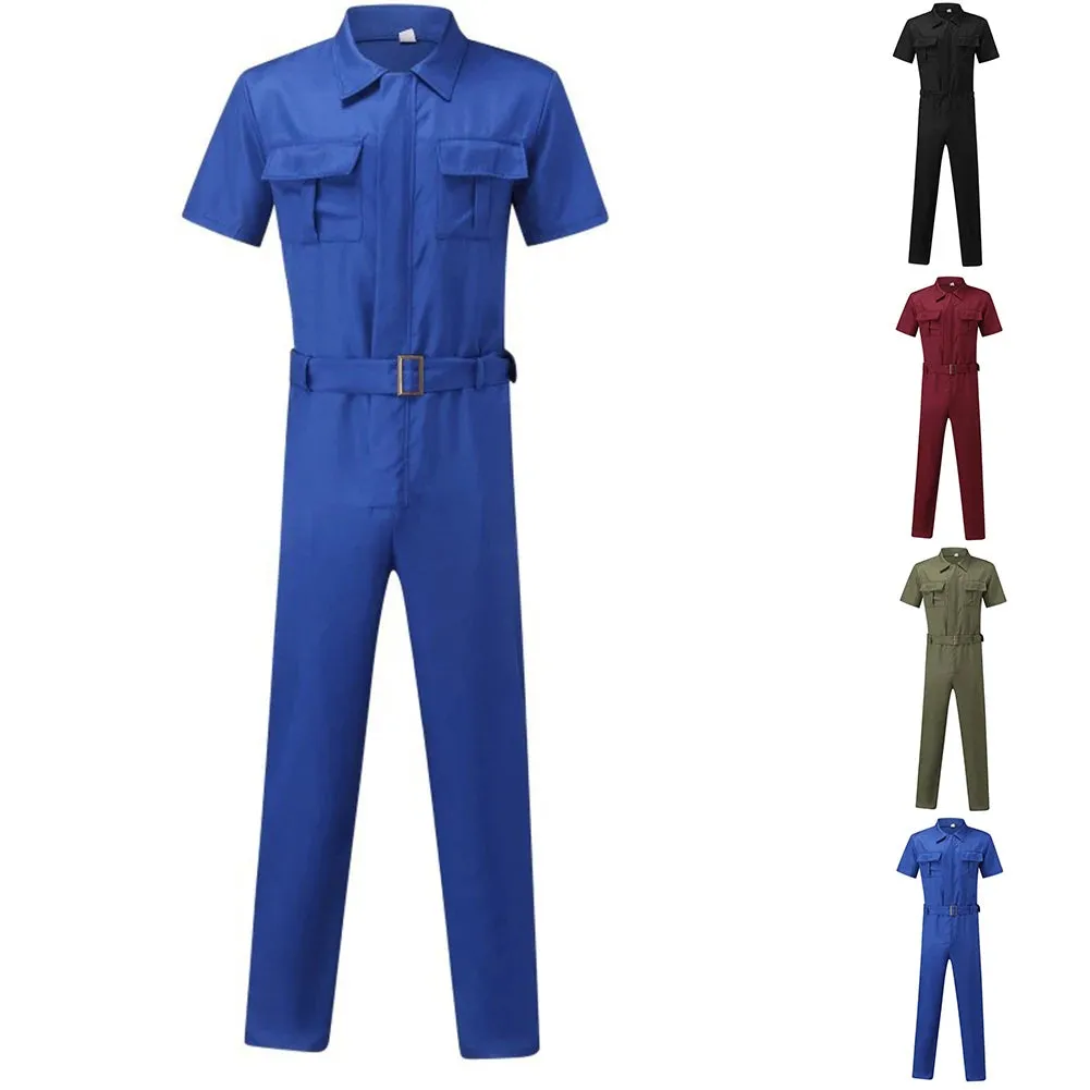 Men's Light Weight Cargo Coveralls Jumpsuit Long Sleeve Solid Color Workwear Coverall Pants With Adjustable Waist Belt