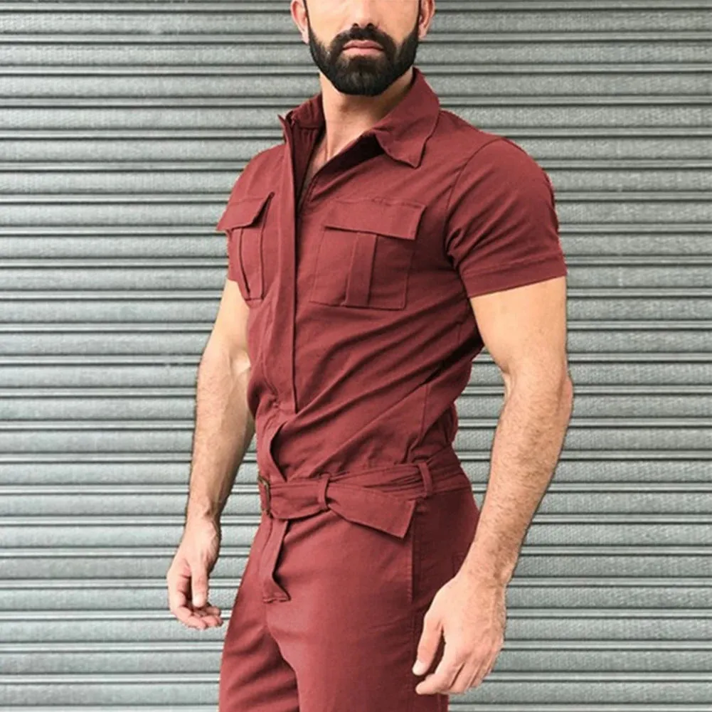 Men's Light Weight Cargo Coveralls Jumpsuit Long Sleeve Solid Color Workwear Coverall Pants With Adjustable Waist Belt