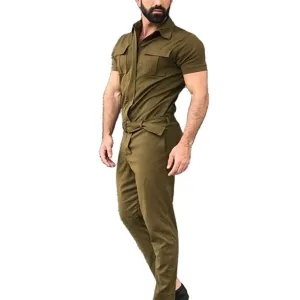 Men's Light Weight Cargo Coveralls Jumpsuit Long Sleeve Solid Color Workwear Coverall Pants With Adjustable Waist Belt