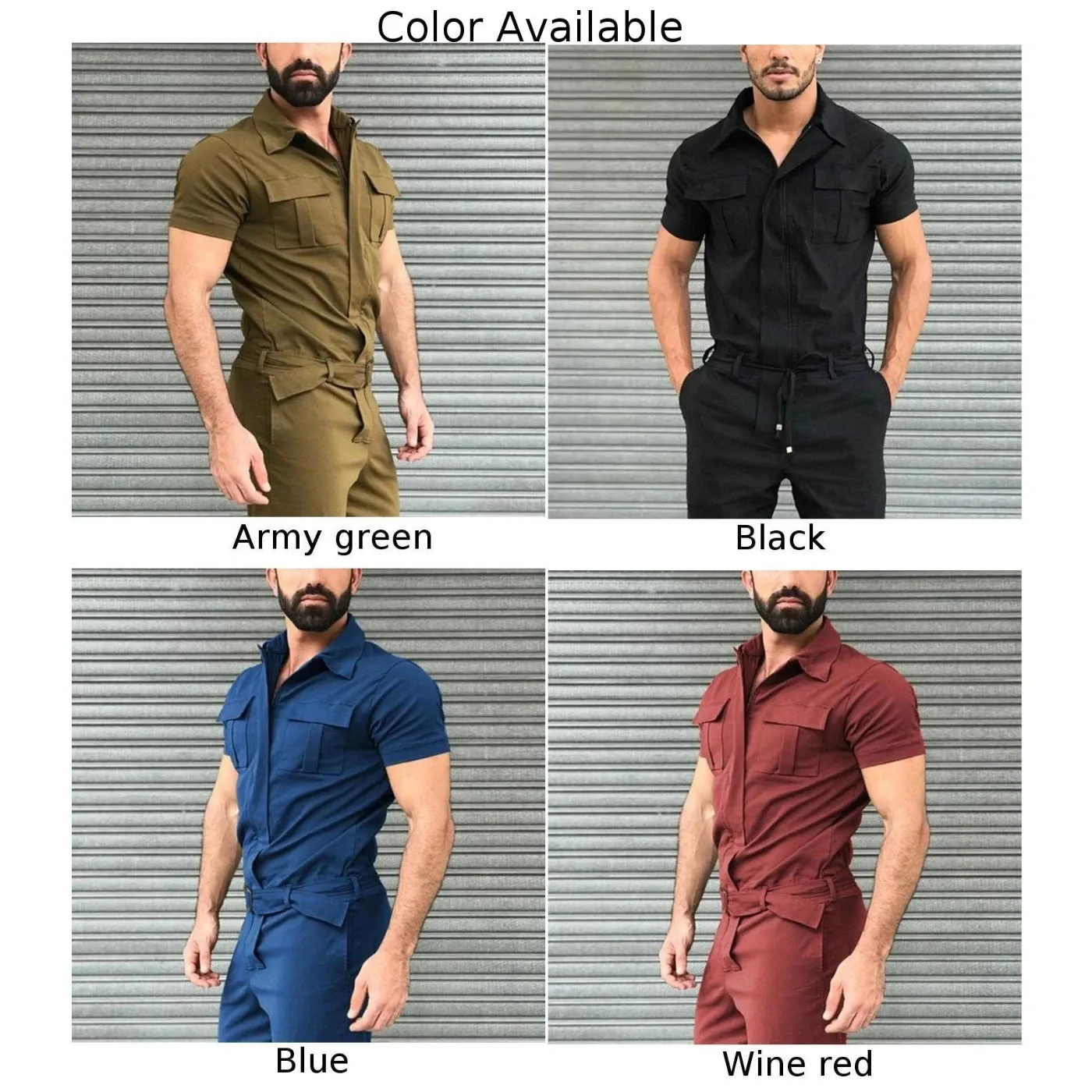 Men's Light Weight Cargo Coveralls Jumpsuit Long Sleeve Solid Color Workwear Coverall Pants With Adjustable Waist Belt