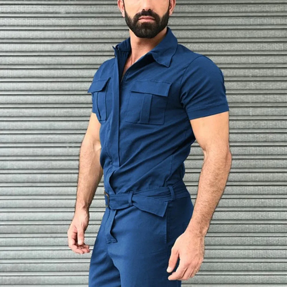 Men's Light Weight Cargo Coveralls Jumpsuit Long Sleeve Solid Color Workwear Coverall Pants With Adjustable Waist Belt