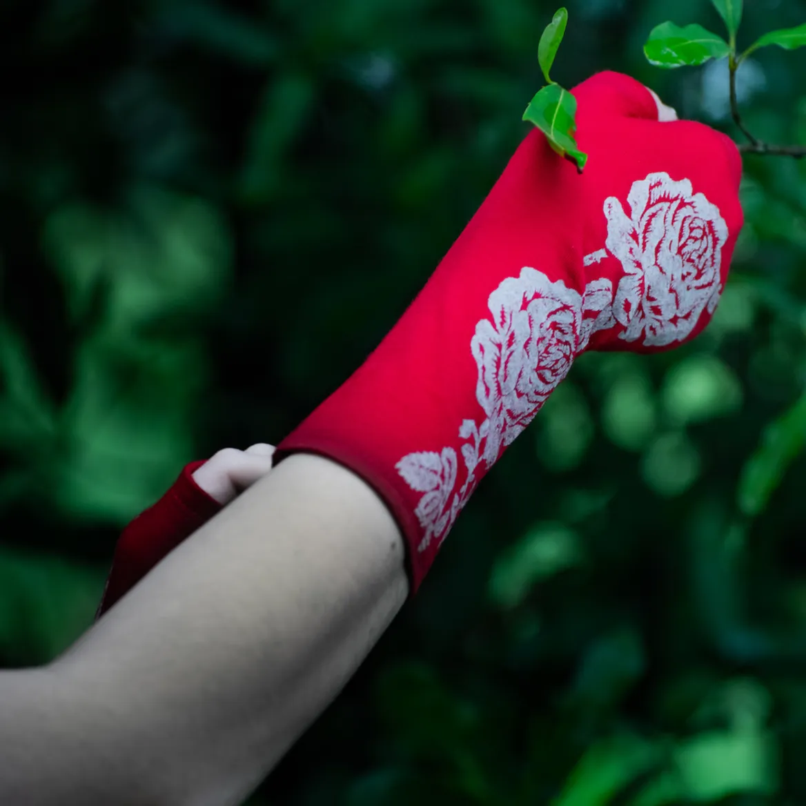 Merino Wool Gloves - Red and Cream Rose