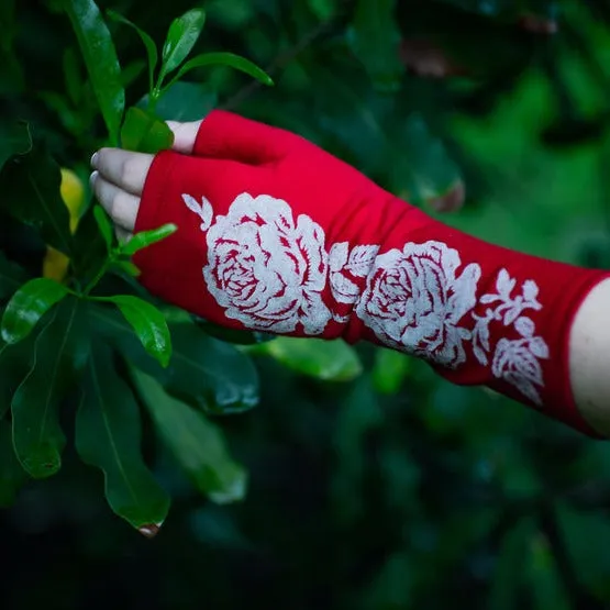 Merino Wool Gloves - Red and Cream Rose