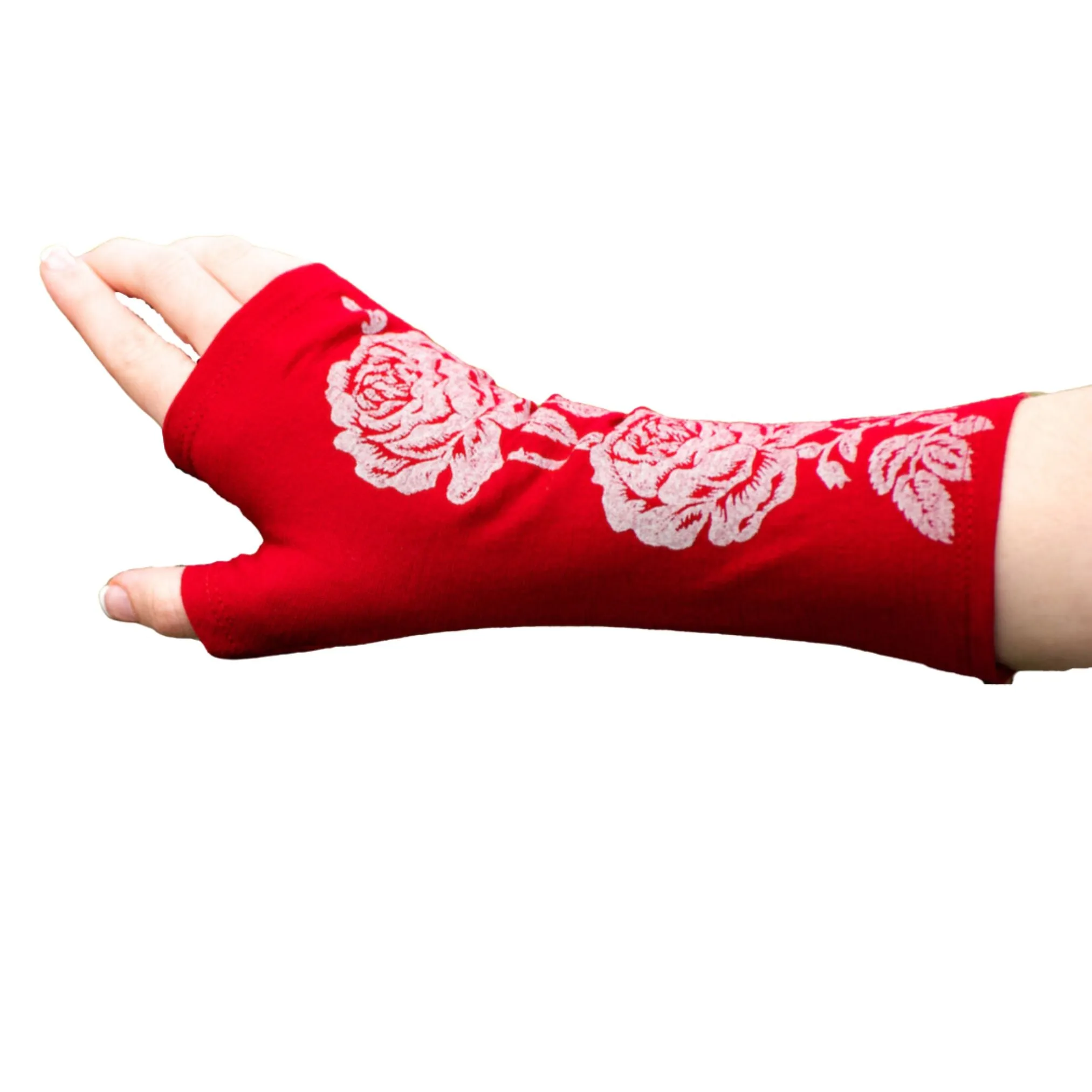 Merino Wool Gloves - Red and Cream Rose