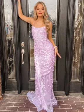 Mermaid Backless Lilac Lace Appliqued Long Prom Dresses, Purple Lace Formal Graduation Evening Dresses