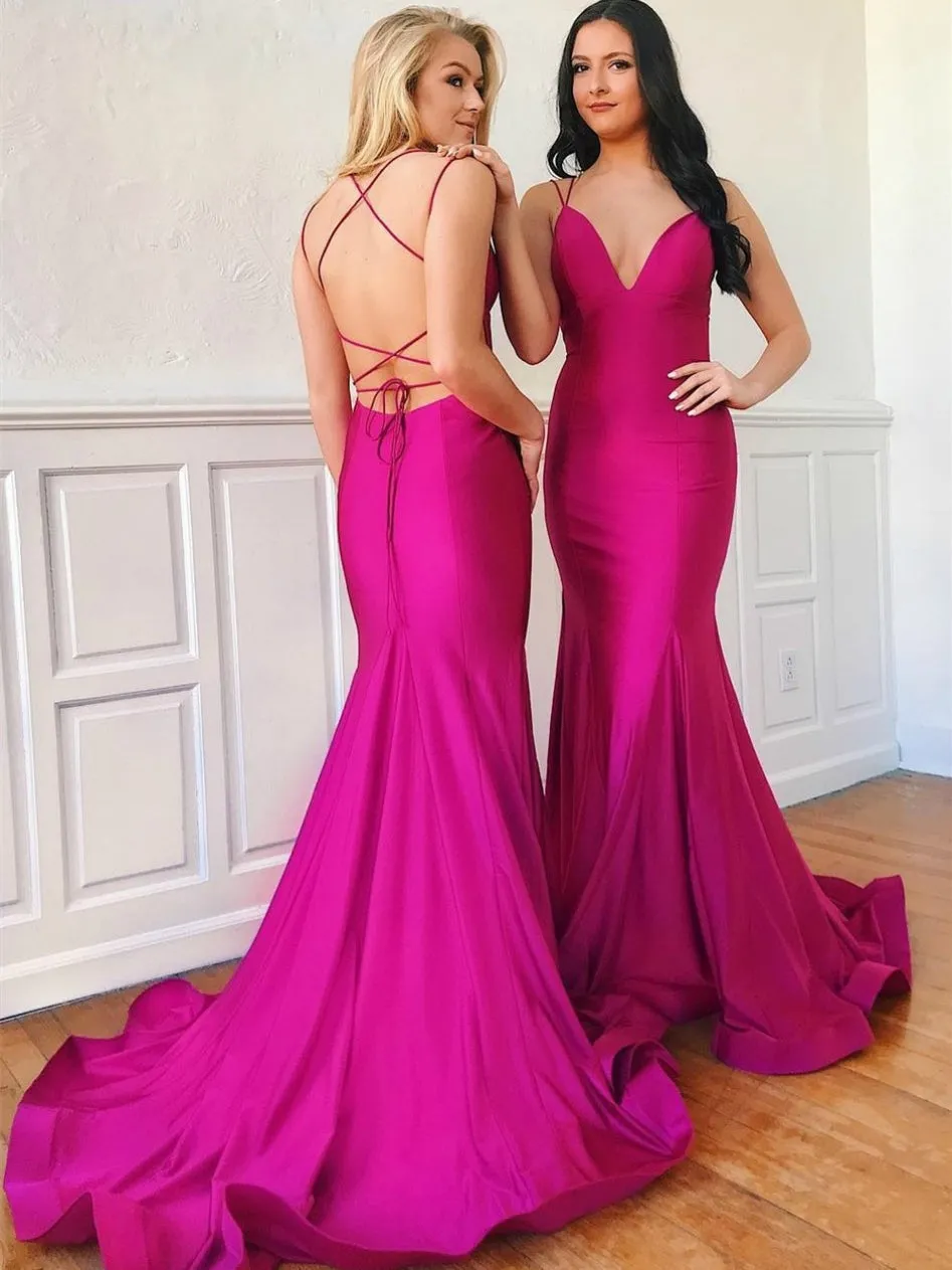 Mermaid V Neck Backless Hot Pink Long Prom, Delicate Bridesmaid, Mermaid Hot Pink Formal, Hot Pink Evening