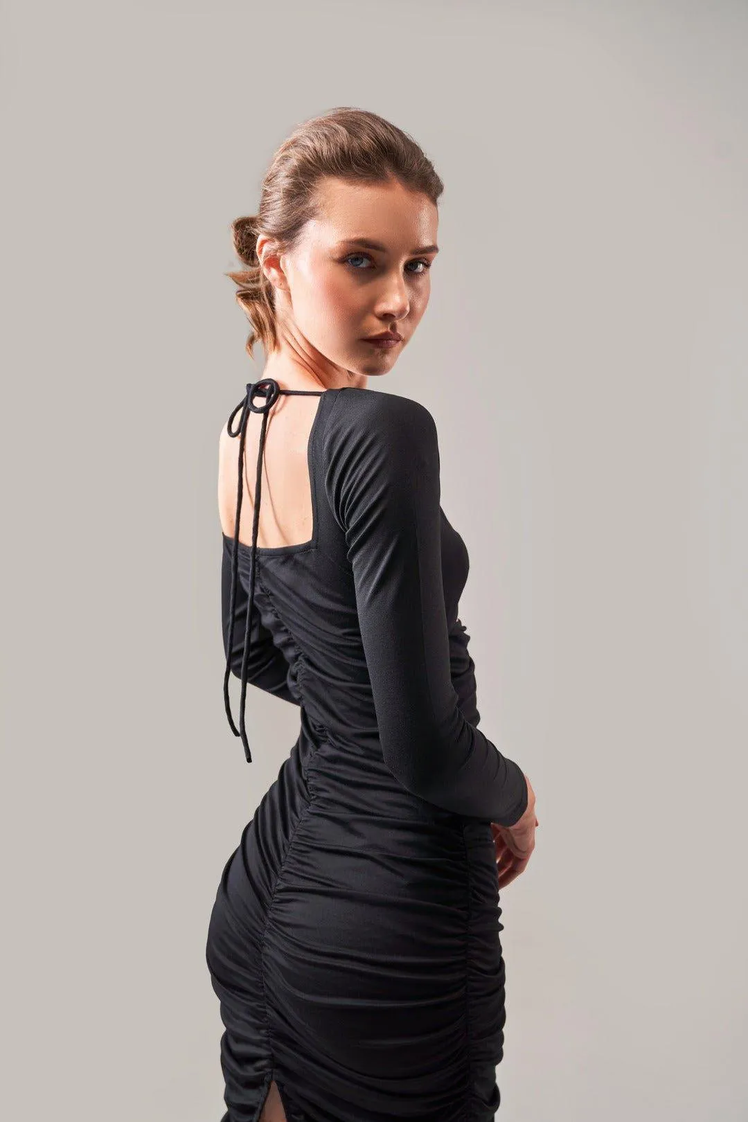 MIDNIGHT RING DETAIL RUCHED DRESS