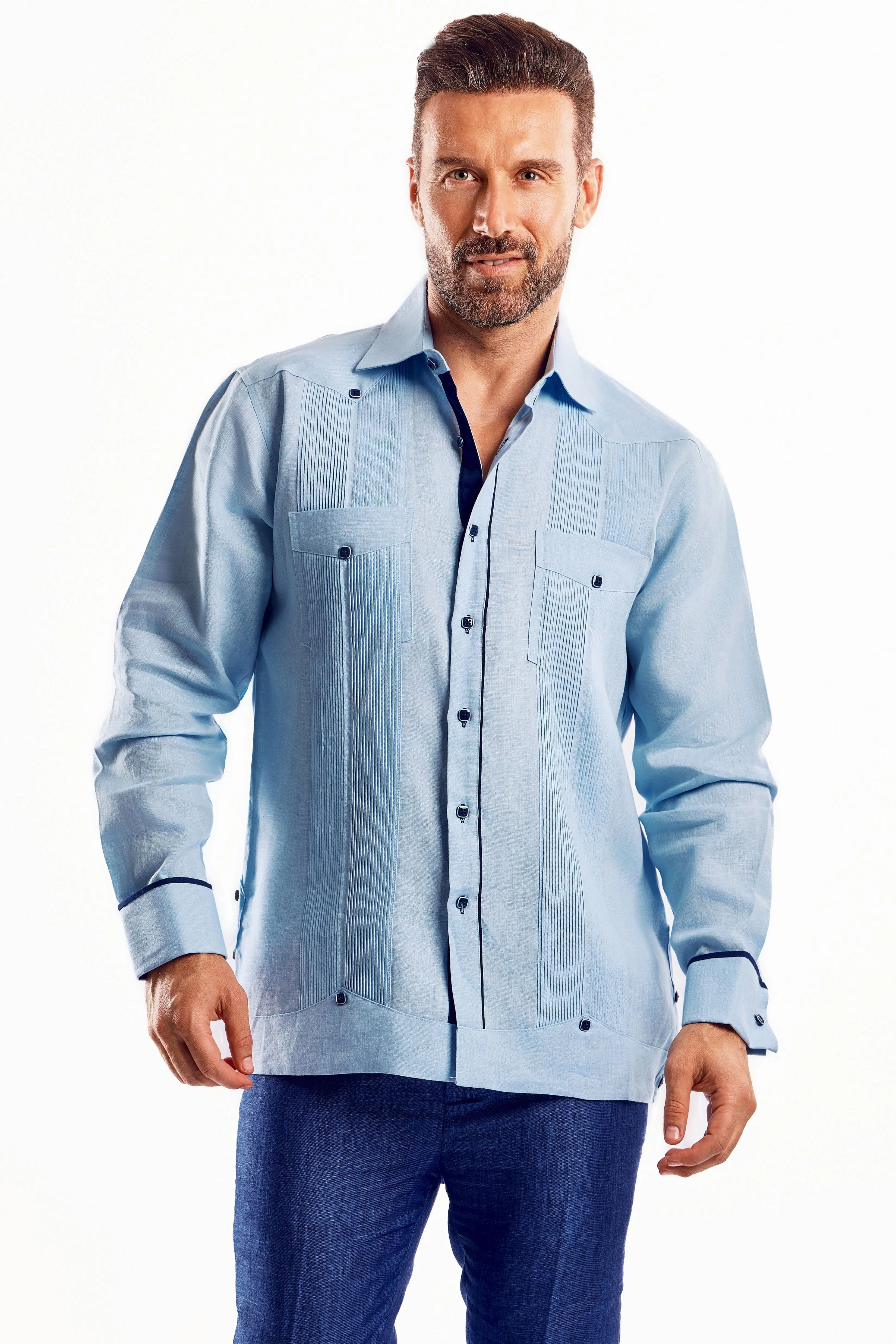 Mojito Men's Guayabera Shirt Chacabana with Contrast Trim 100% Linen Long Sleeve