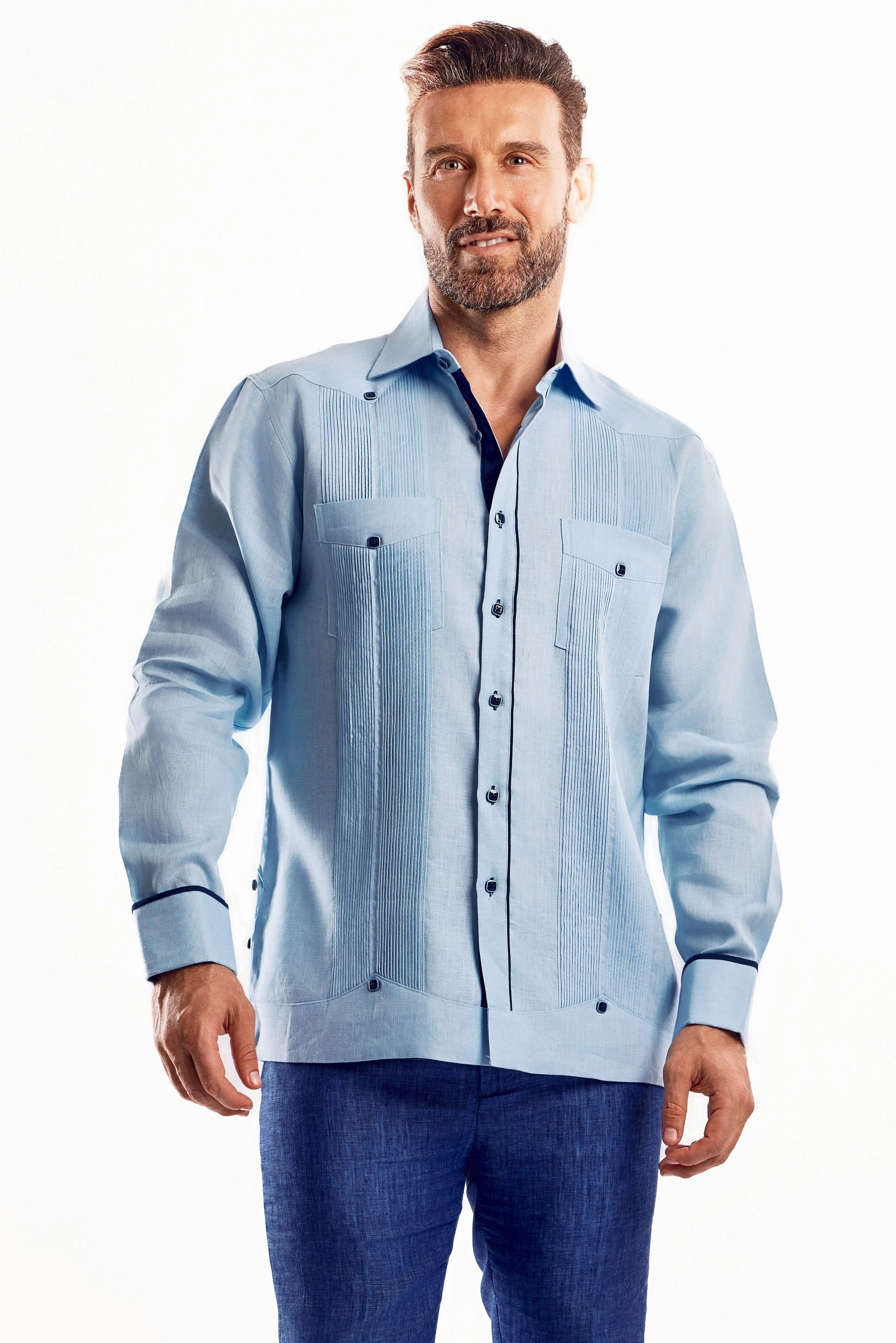 Mojito Men's Guayabera Shirt Chacabana with Contrast Trim 100% Linen Long Sleeve