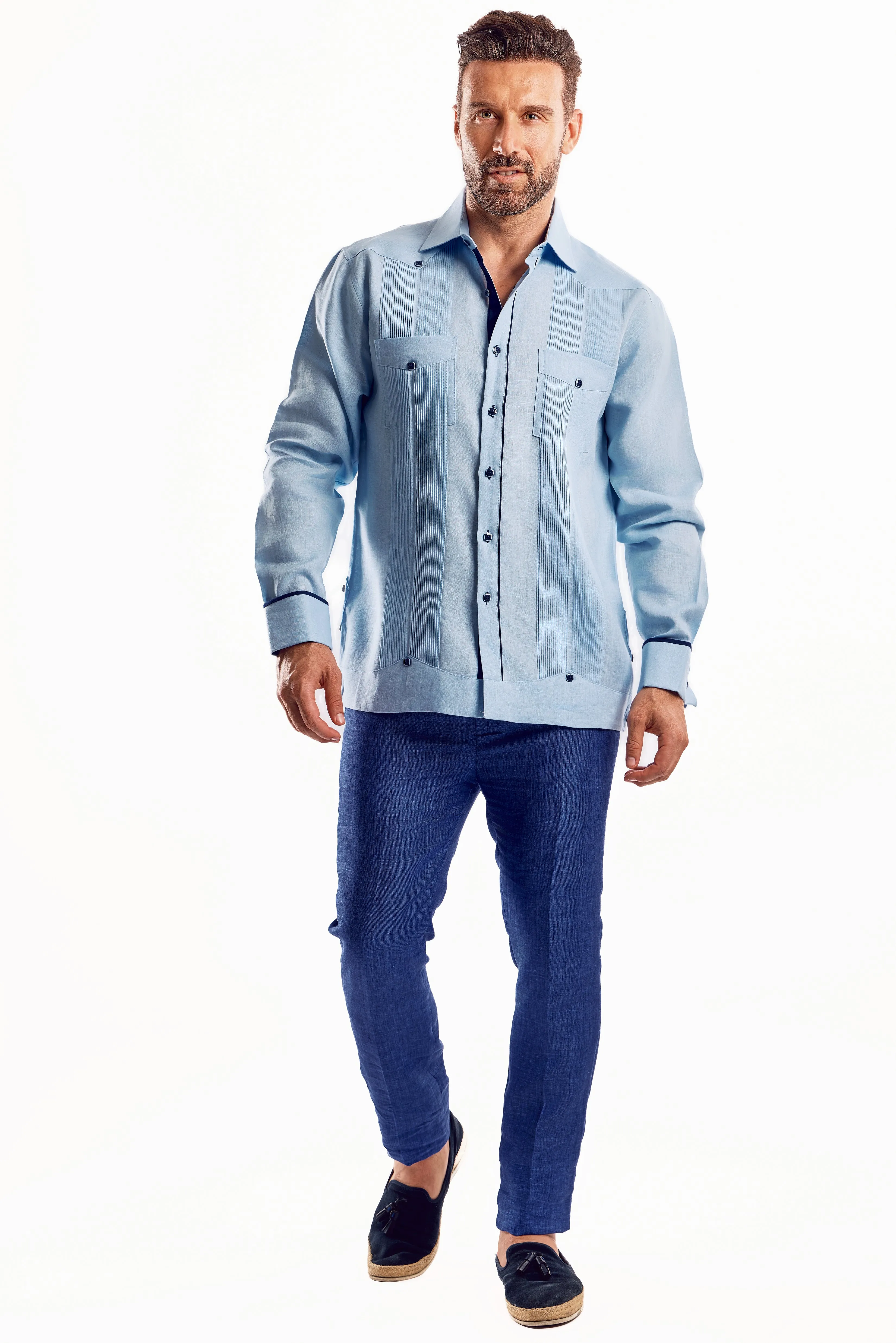 Mojito Men's Guayabera Shirt Chacabana with Contrast Trim 100% Linen Long Sleeve