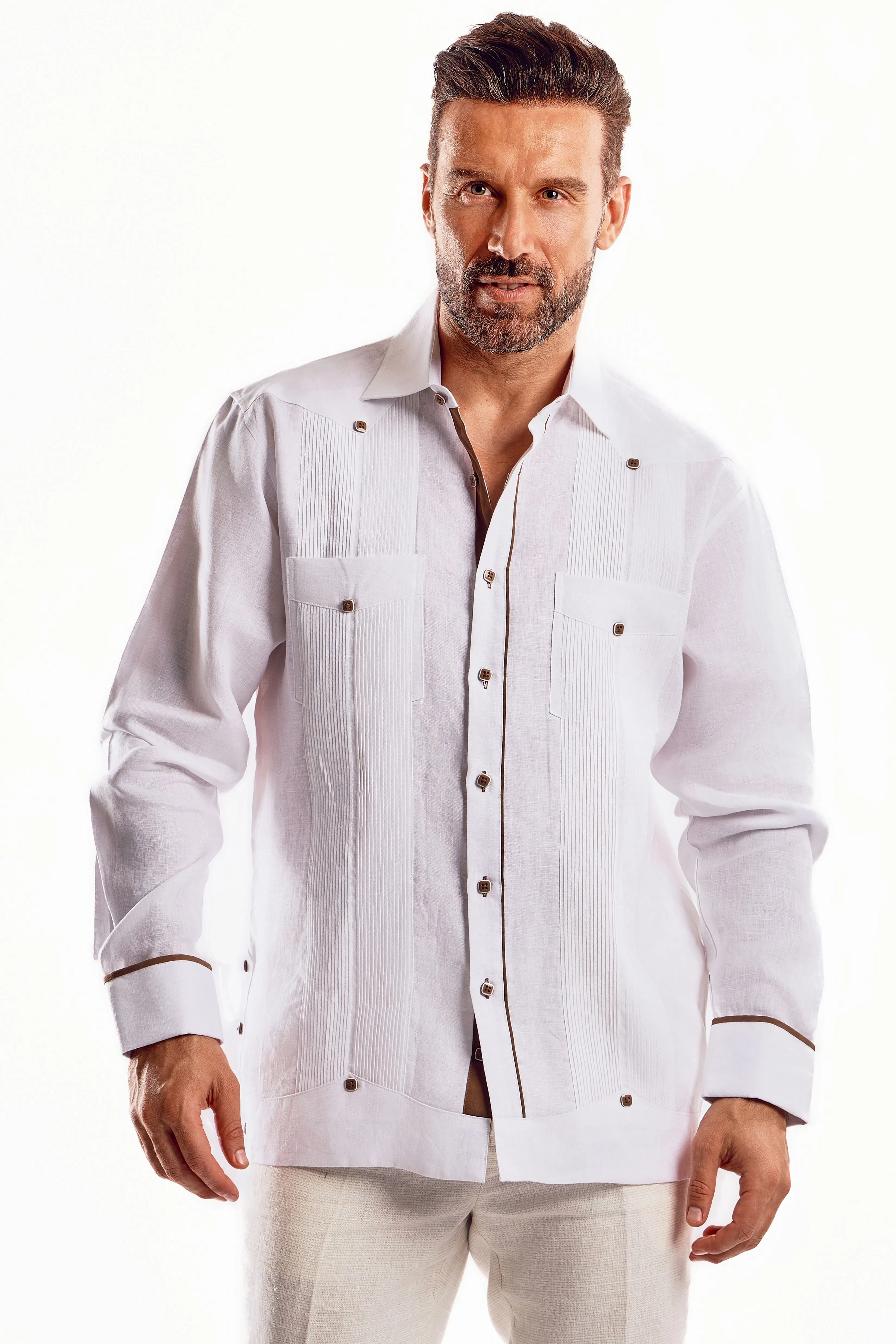 Mojito Men's Guayabera Shirt Chacabana with Contrast Trim 100% Linen Long Sleeve