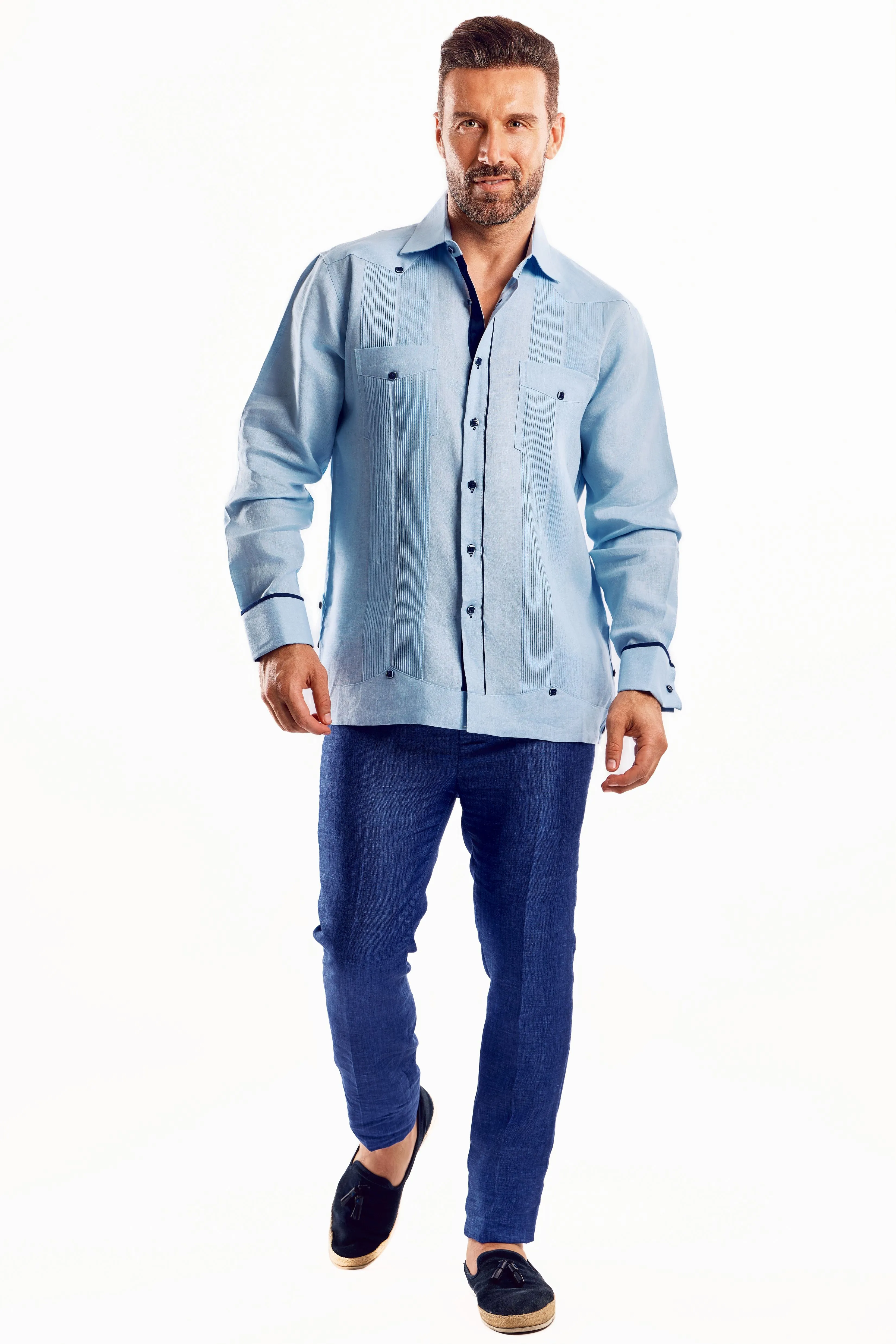 Mojito Men's Guayabera Shirt Chacabana with Contrast Trim 100% Linen Long Sleeve